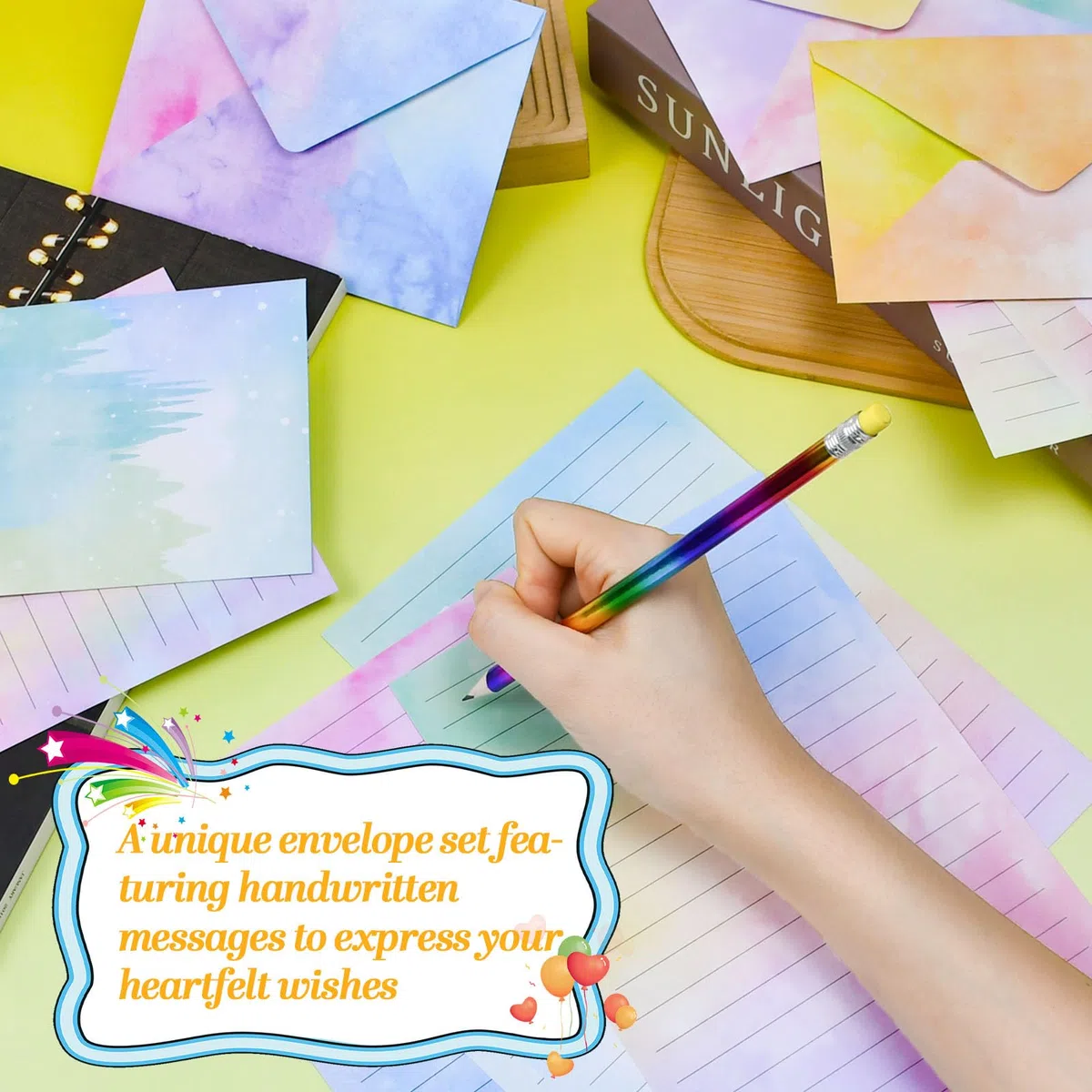 REFORUNG Set di 160 fogli di carta da lettere con busta, a righe, 10 colori, formato A5, con adesivi, per ragazze, bambini, fogli di lettere per invito, biglietti di auguri