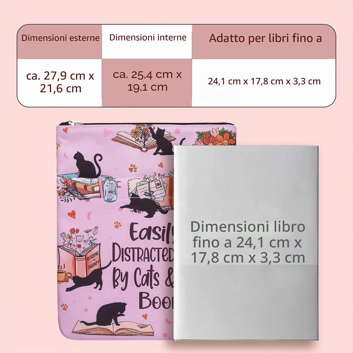 Custodia protettiva per libri con cerniera, dimensioni: 28 x 21,9 cm, in tessuto lavabile, motivo Easily Distracted by Cats and Books