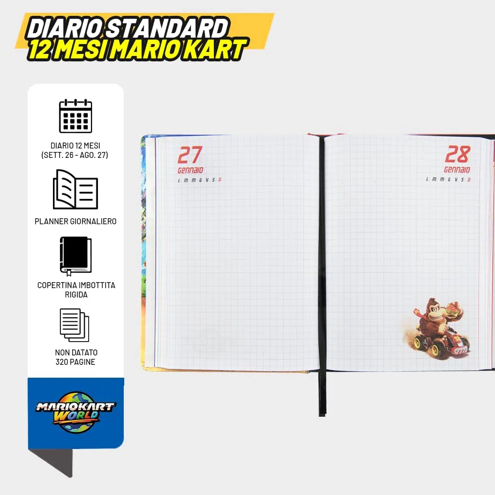 MARIO KART - Diario Scuola Ufficiale Mario Kart, Diario Scolastico 12 Mesi, Ideale per la Scuola Elementare, con Copertina Imbottita e 320 Pagine Interne Stampate a Colori, 13 x 17,8H cm