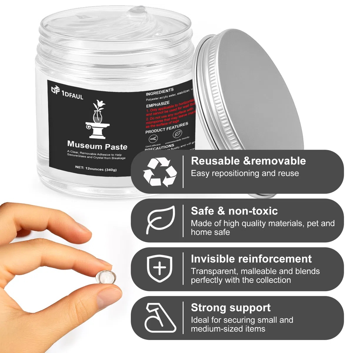 1DFAUL 12 oz gel trasparente museo, mastice da museo trasparente, rimovibile, riutilizzabile e senza residui, artefatti e decorazioni per prevenire vibrazioni e cadute