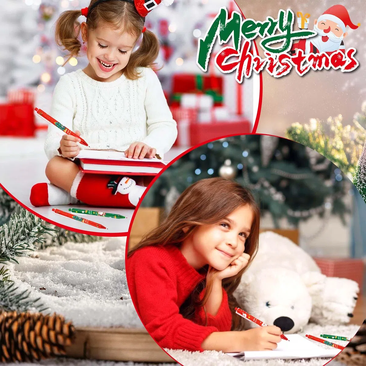 Set di 48 penne a sfera natalizie, 24 mini blocchi per appunti natalizi per bambini, 24 penne a inchiostro gel di Natale, pupazzo di neve, renna, motivo taccuino per feste, regali