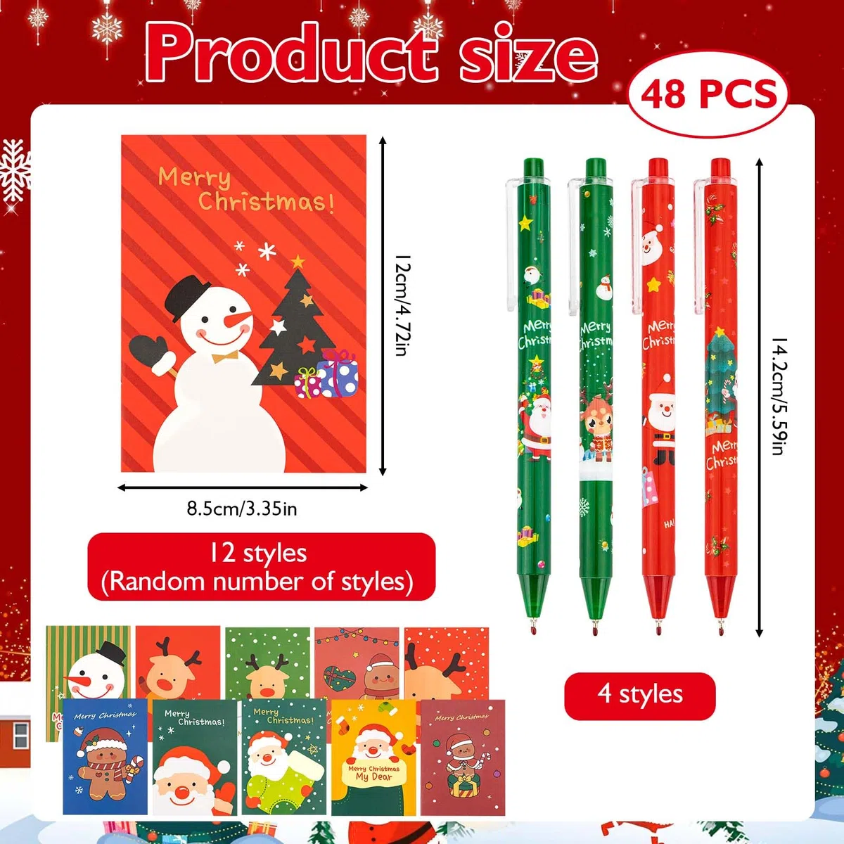 Set di 48 penne a sfera natalizie, 24 mini blocchi per appunti natalizi per bambini, 24 penne a inchiostro gel di Natale, pupazzo di neve, renna, motivo taccuino per feste, regali