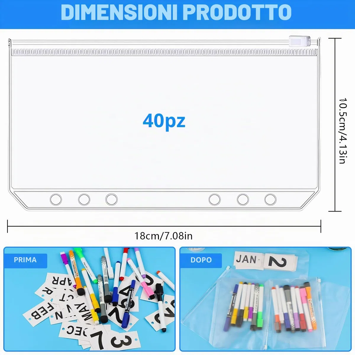 40 Pezzi Tasche per Raccoglitori A6, PVC Trasparente 6 Fori Borsa per Raccoglitore A6 per Documenti, Quaderni, Foto, Fattura, Carte