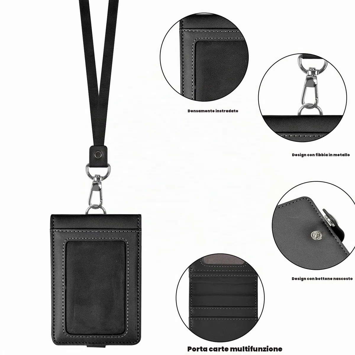 Porta badge con cordino porta carte d'identità in pelle PU titolare di carta d'identità verticale protezione tasche per biglietti da visita, tessera studentesca, biglietti da vista, biglietti di bus,