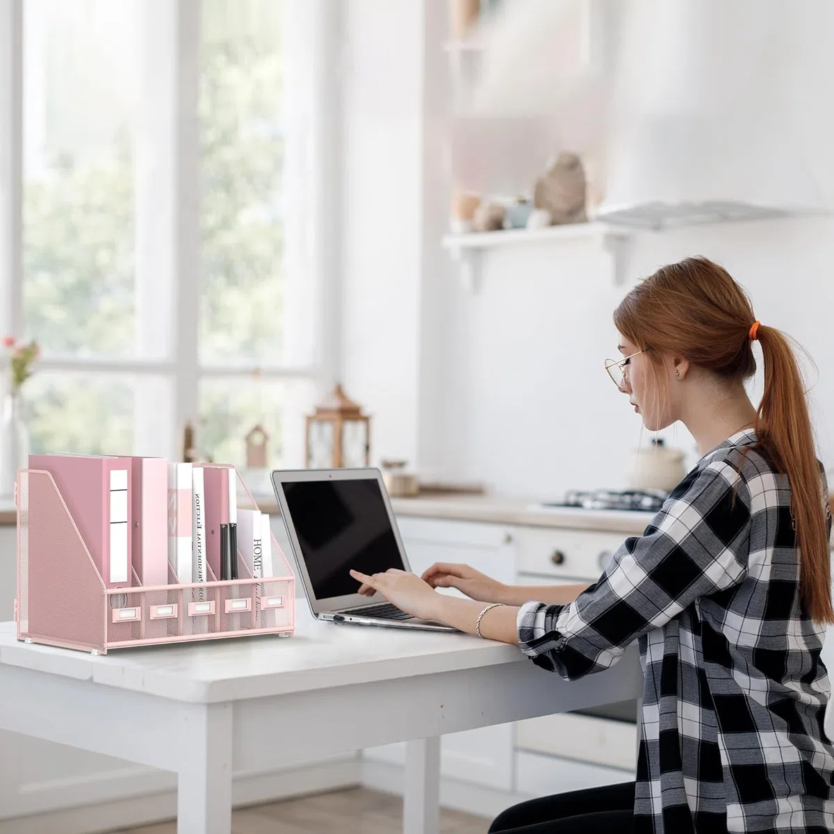 Rack File Organizer - Organizer da scrivania in metallo - Portariviste con 5 scomparti verticali - Magazine File Holder, rosa