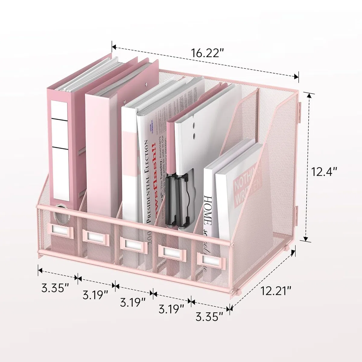 Rack File Organizer - Organizer da scrivania in metallo - Portariviste con 5 scomparti verticali - Magazine File Holder, rosa