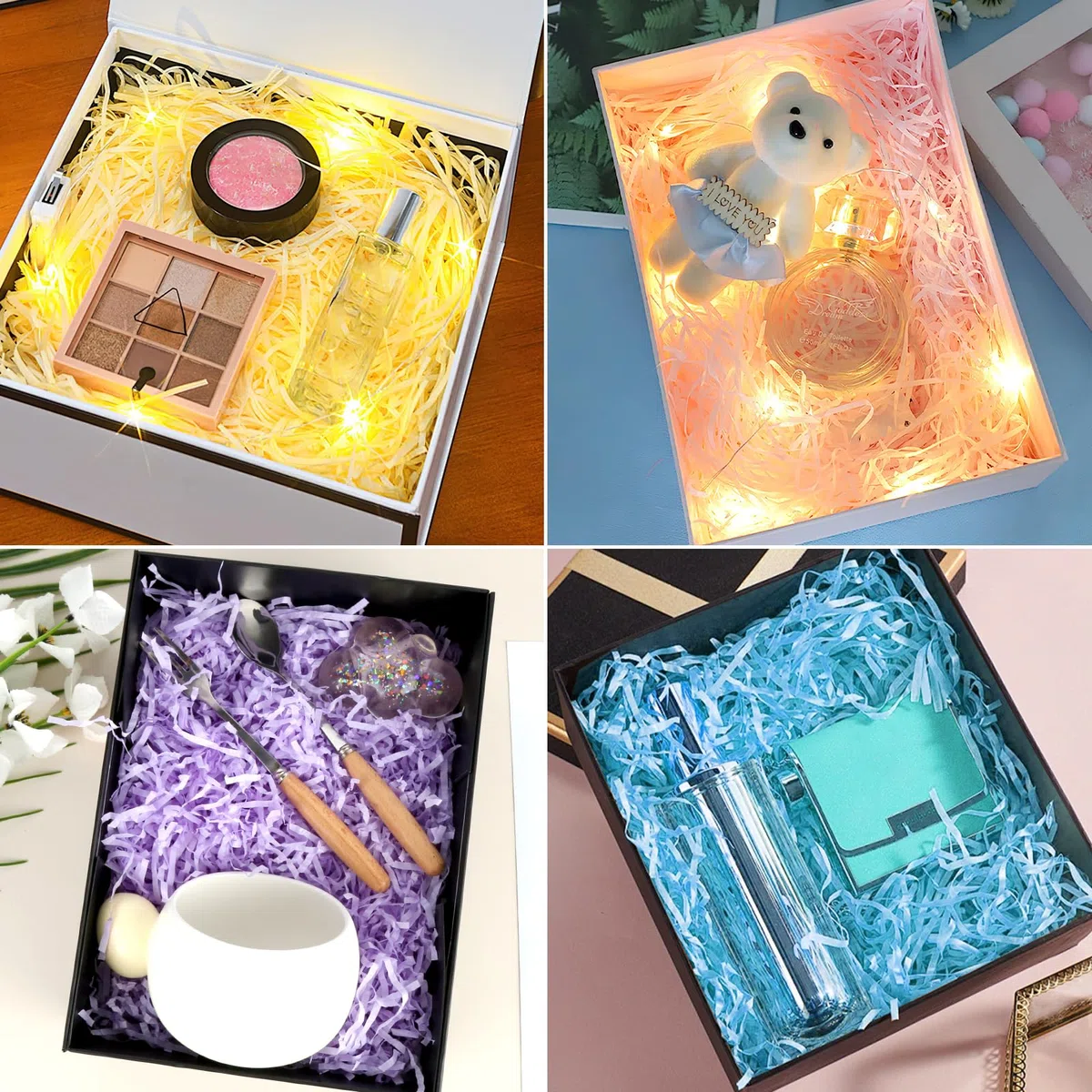 300 g di materiale di riempimento per regali colorati, 6 colori, carta morbida sminuzzata, materiale di riempimento in rafia con 1 biglietto di auguri per scatole regalo, cestini regalo