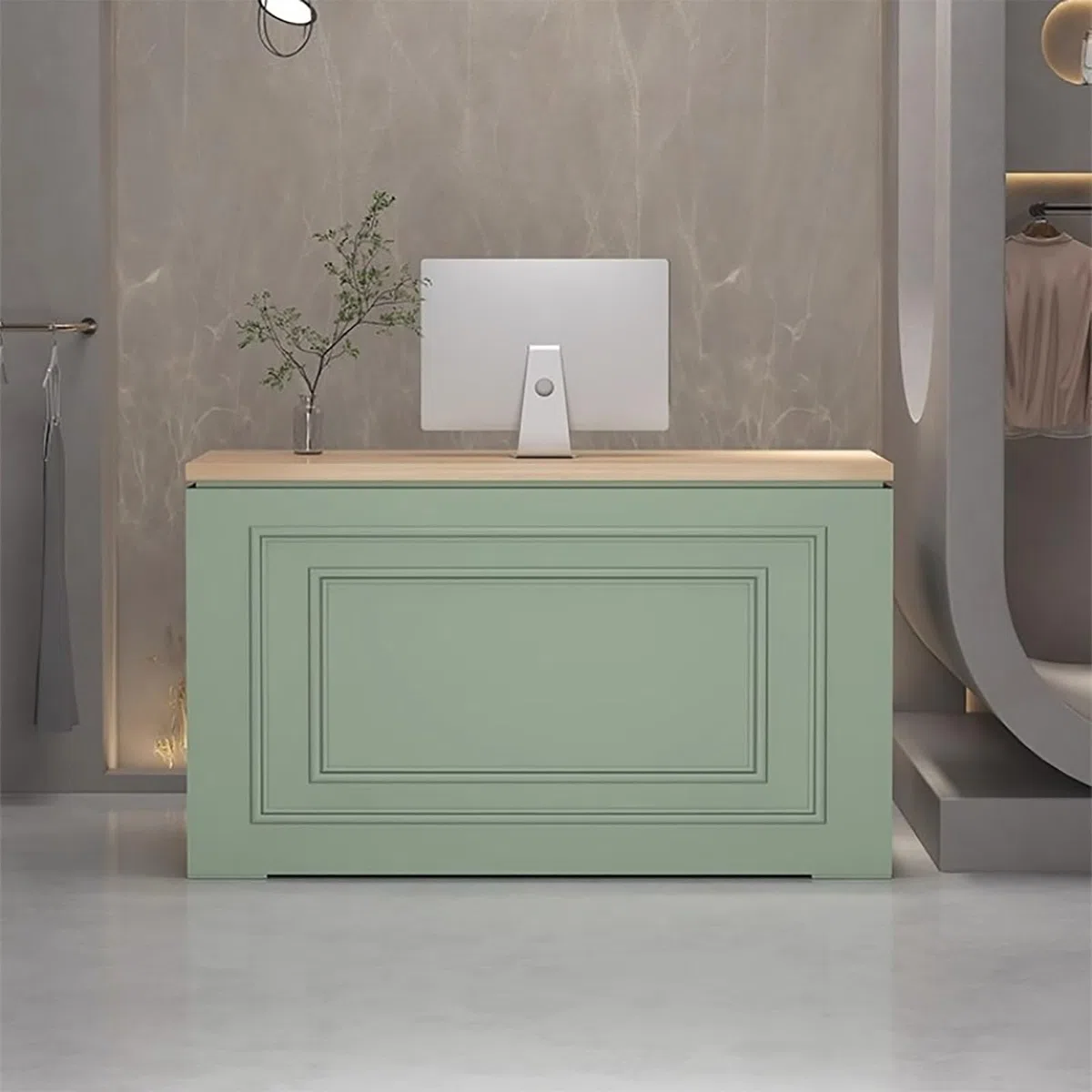 Moderno bancone Reception Verde con cassetti chiudibili a Chiave, bancone Frontale Multifunzionale in Legno per Salone di Bellezza e Vendita al Dettaglio, bancone di Benvenuto da 120 cm, Ele