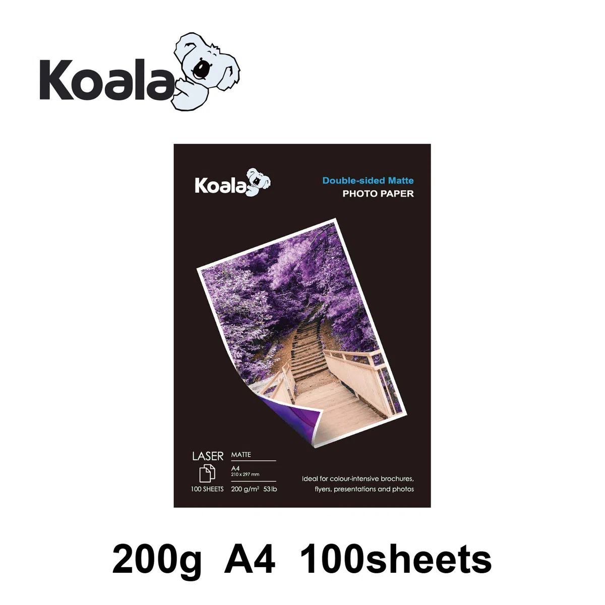 KOALA Carta fotografica Opaca Fronte-Retro per stampante LASER, A4, 200 g/m², 100 fogli. Adatto per la stampa di Foto, Brochure, Certificati, Opuscoli, Volantini, Biglietti, Calendari, Copertine