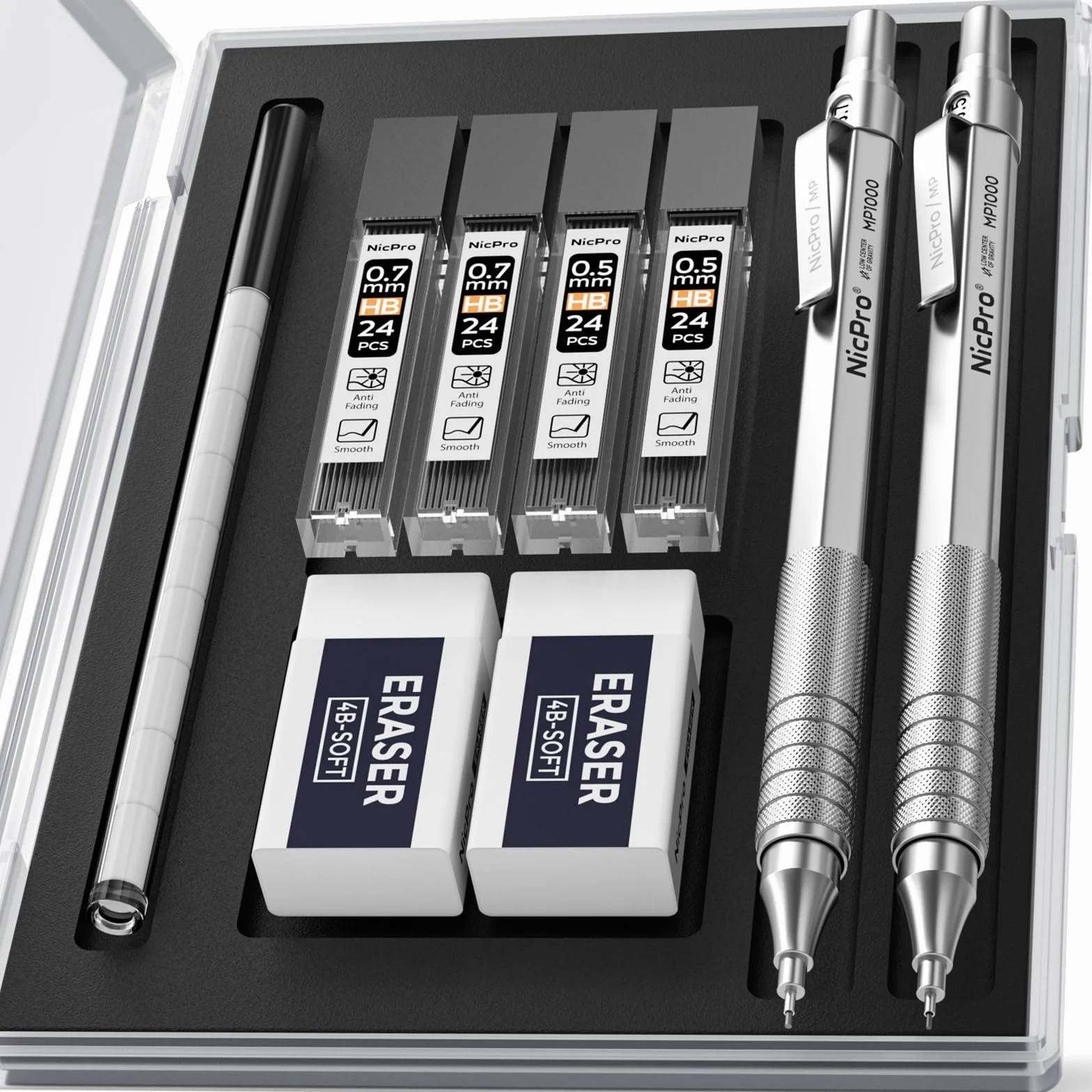 Nicpro 2 Pezzi 0,5 & 0,7mm Metallo Matite Meccaniche Set con Astuccio, Art Matite Portamine con 4 Tubi HB Mine, 2 Gomma, 9 Ricariche Di Gomma, Astuccio Per Artista Disegno Scrittura, Schizzi