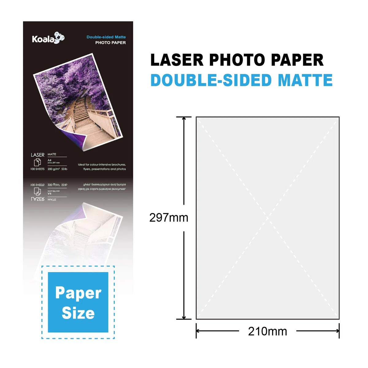 KOALA Carta fotografica Opaca Fronte-Retro per stampante LASER, A4, 200 g/m², 100 fogli. Adatto per la stampa di Foto, Brochure, Certificati, Opuscoli, Volantini, Biglietti, Calendari, Copertine