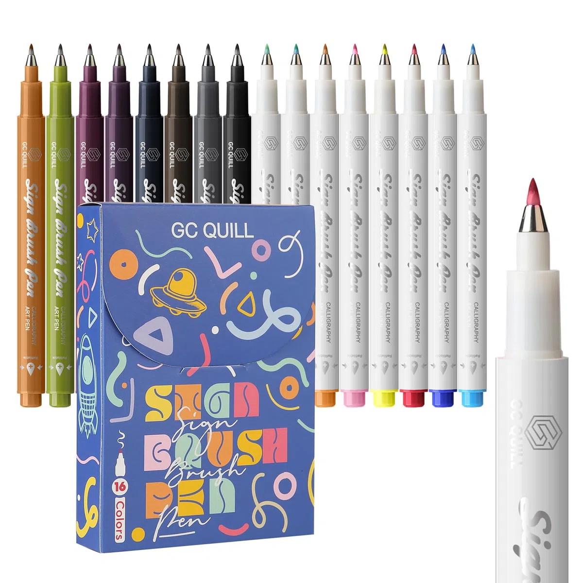 Penna calligrafica - 16 colori di penne fudenosuke con punta a pennello, set calligrafia per principianti, lettering, scrittura, disegno, colorazione, bullet journal GC-SB16