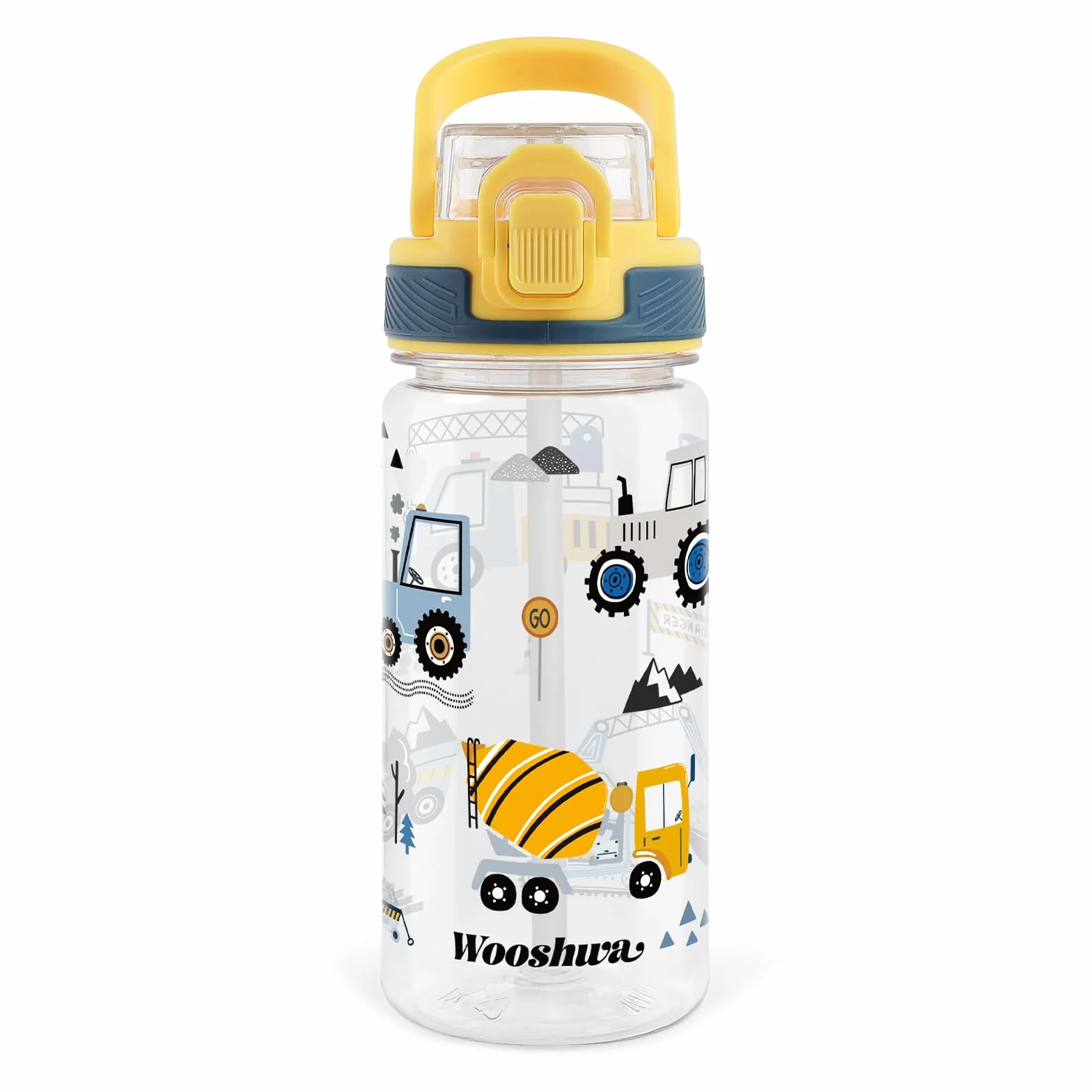 Borraccia Bambini con Cannuccia 480ml, Borraccia Bambino Bambina a Prova di Perdite con Maniglia Senza BPA, per Viaggi Sport Scolastici - Escavatore Giallo