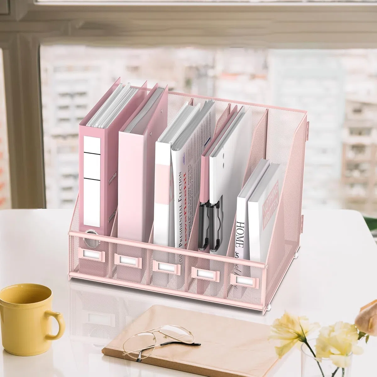 Rack File Organizer - Organizer da scrivania in metallo - Portariviste con 5 scomparti verticali - Magazine File Holder, rosa