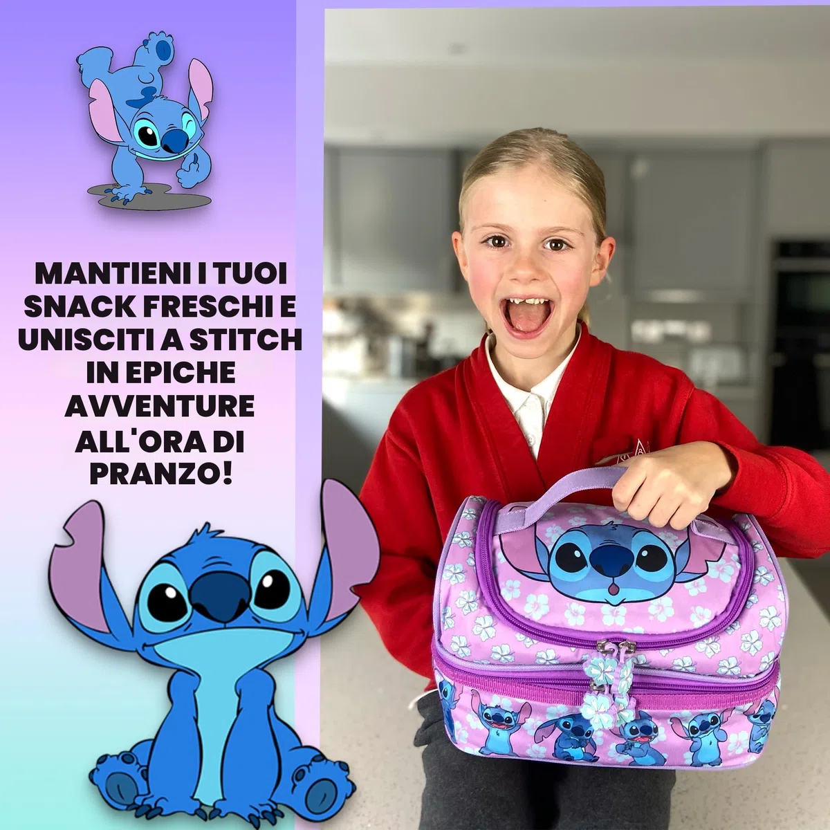 Borsa per il pranzo Disney Stitch a più scomparti per bambini, termica e isolata, doppia contenitore, per la scuola, per ragazze