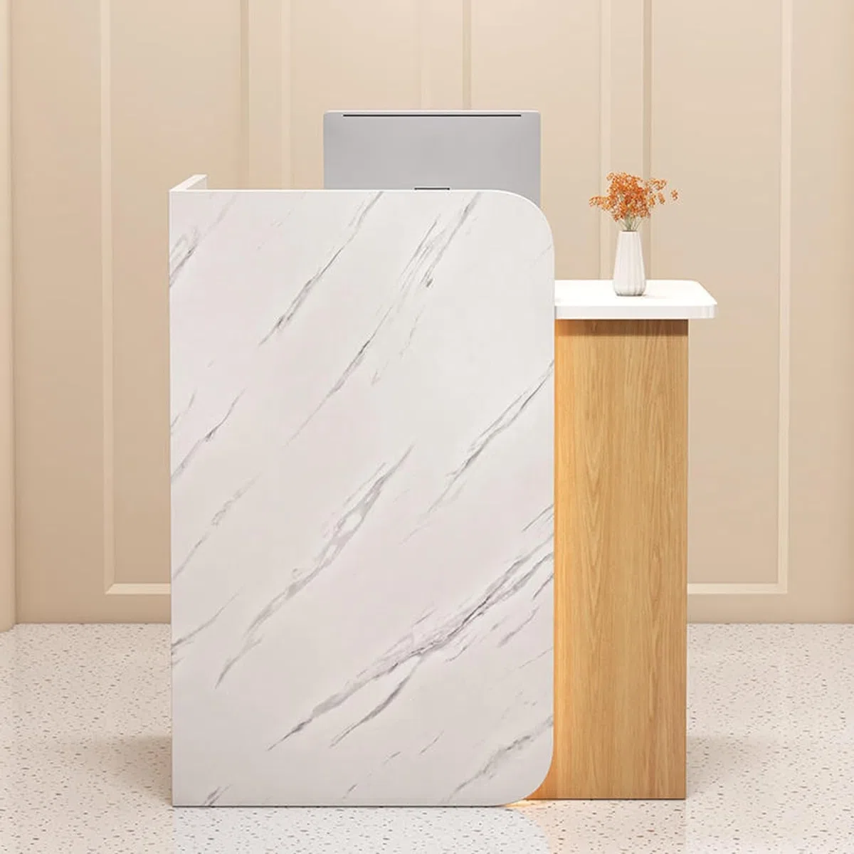 Banco Reception Moderno a Forma di L con ripiano Illuminato e cassetti con Serratura da 120 cm, Perfetto per la Reception di Un Salone o di Un Ufficio.