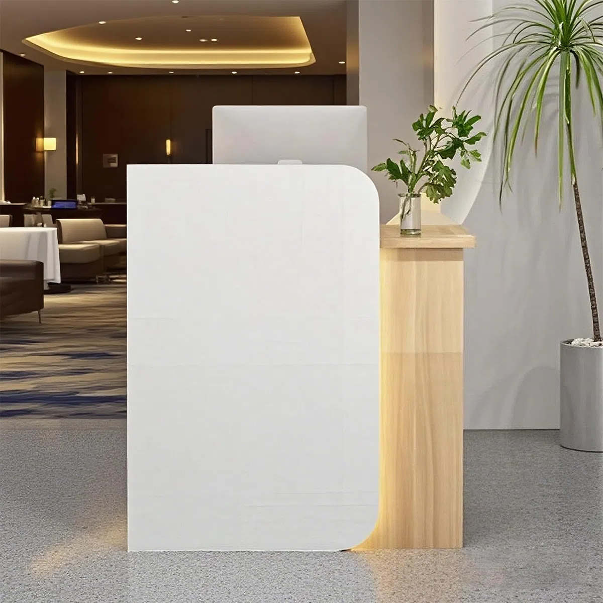 Bancone Reception Semplice e Moderno - funzionale banco cassa, arredo ufficio professionale per Supermercati, Minimarket e Uffici (Bianco + tinta legno)