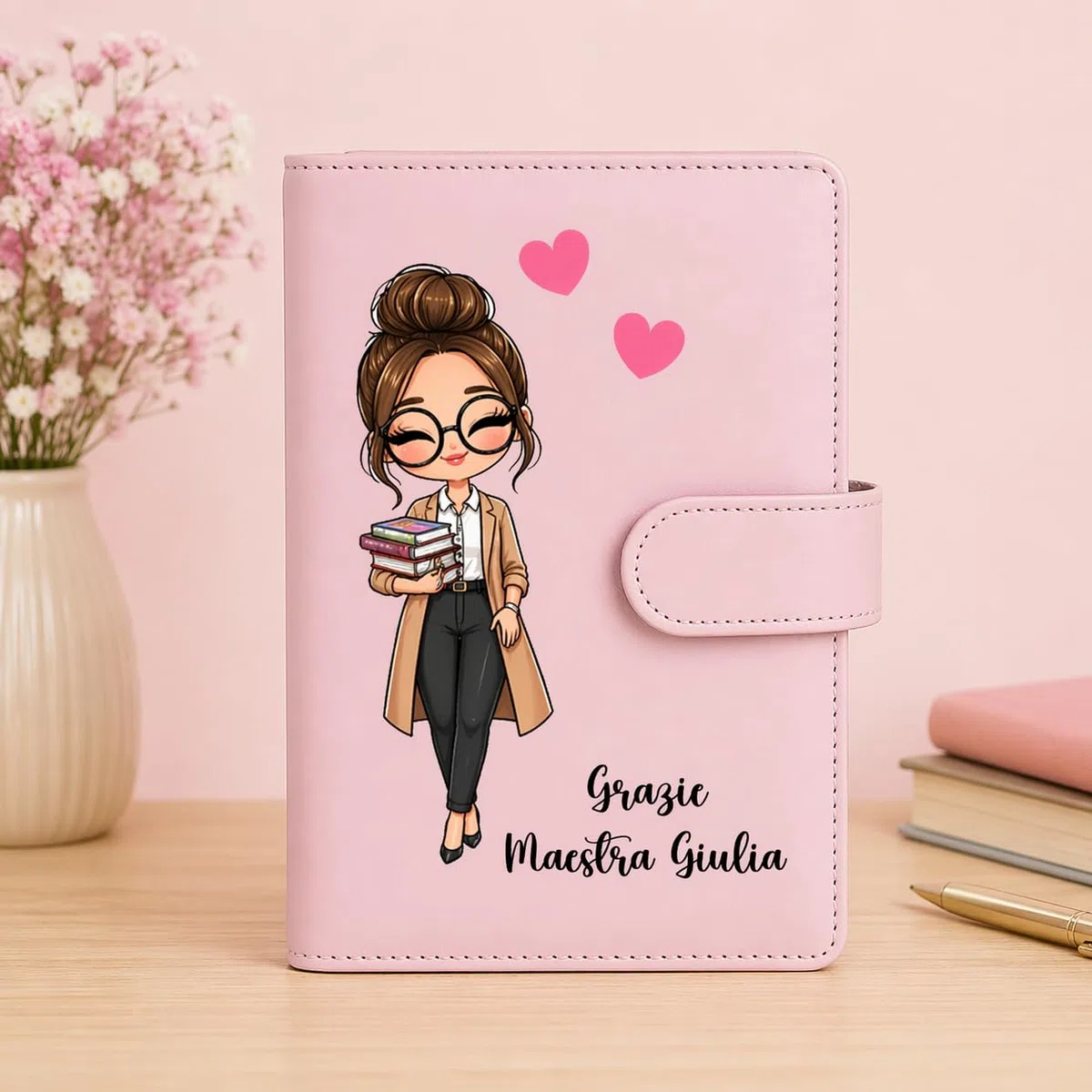 Porta Agenda Personalizzato Maestra/Maestro in Eco Pelle – Copertina Agenda con Nome – Idea Regalo Maestra Fine Anno Scolastico – Organizer Elegante per Scuola e Ufficio (Porta Agenda Rosa)