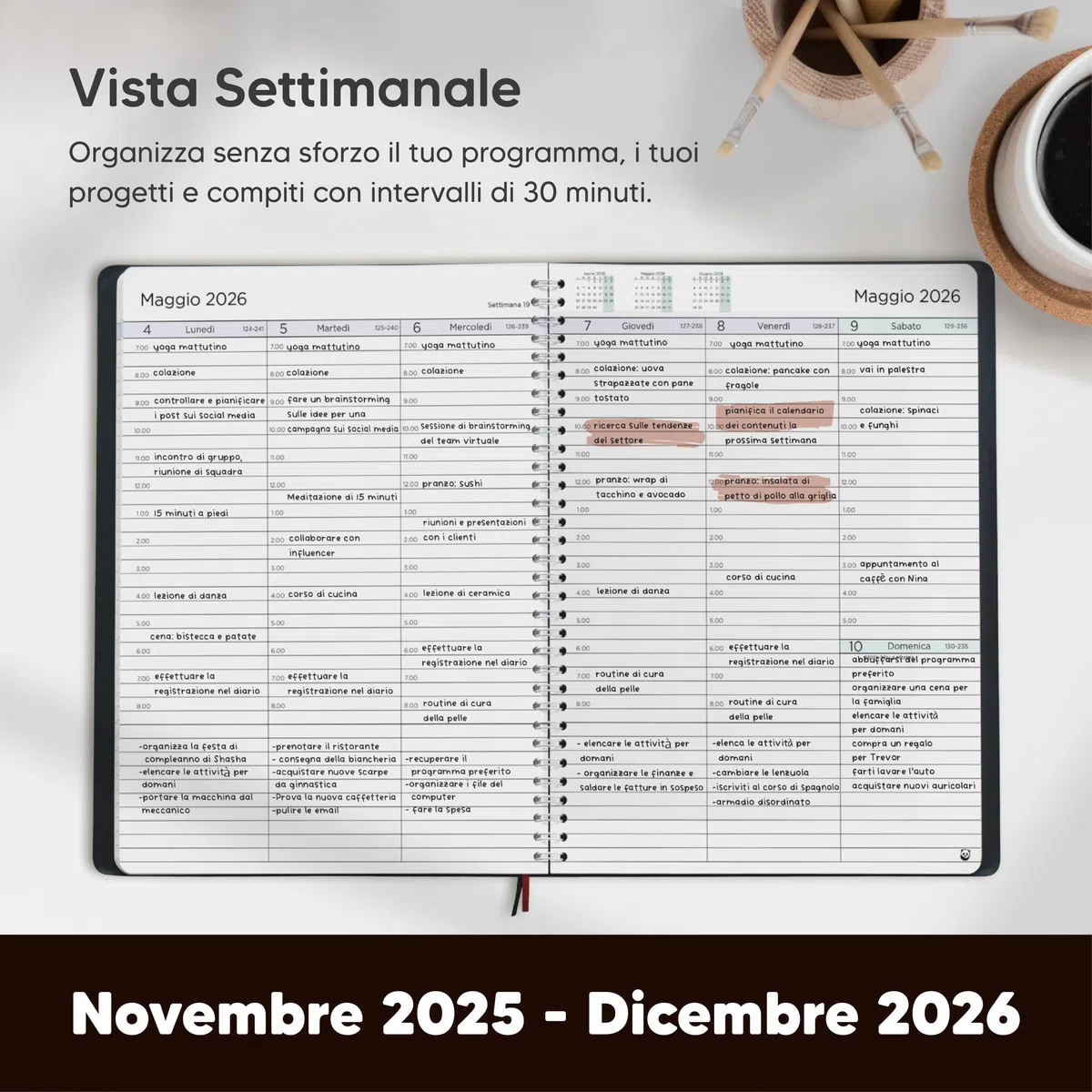 Diario 2026 di Smart Panda – Agenda 2026 Settimanale - Design Semplice per Stimolare la Produttività – Copertina Morbida, Intervalli di 30 Minuti – Calendario Annuale con Note – A4, in Italiano