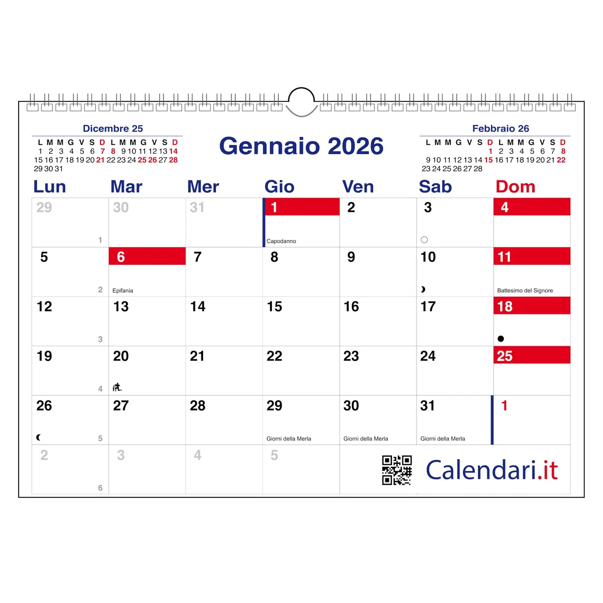 Calendario 2026 da muro CASELLE ORIZZONTALE planning mensile ideale per appunti e note 42x30 cm