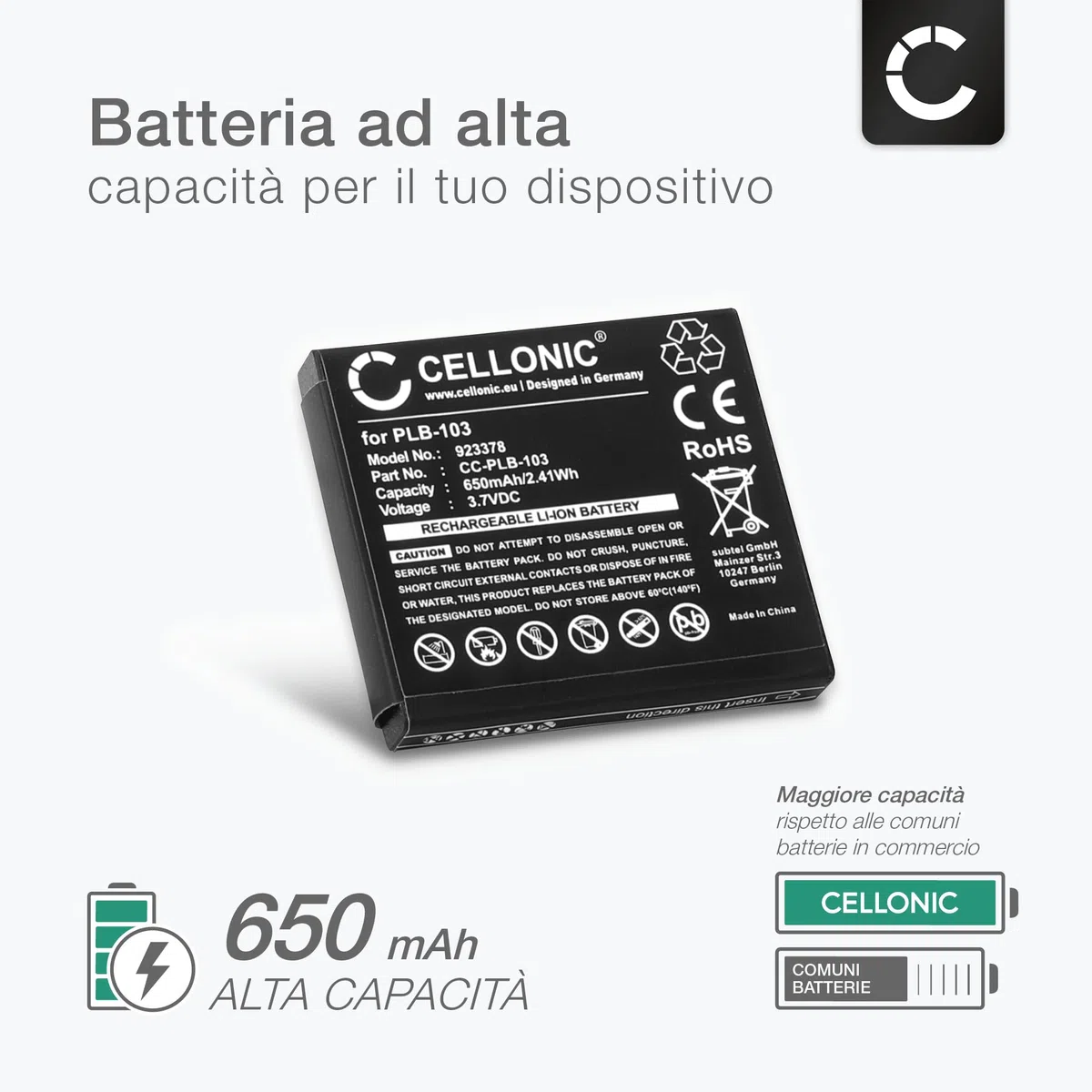 CELLONIC 1x Batteria per Headset/Auricolare/Cuffie Compatibile con Bang & Olufsen Beoplay H9, H9, Beoplay H8, PLB-103 – (650mAh, 3.7V)