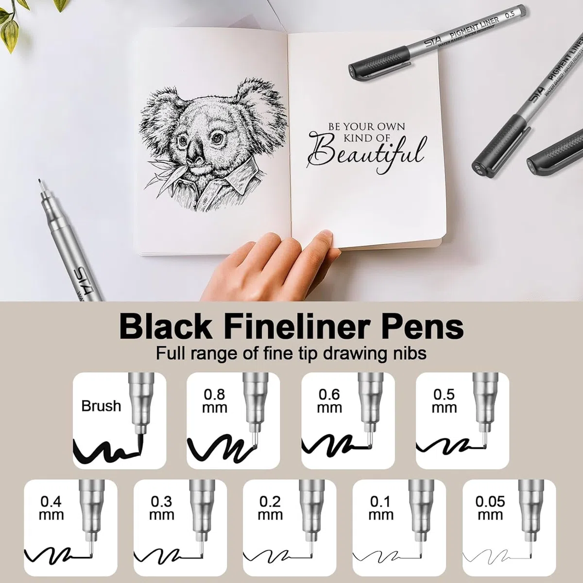 beupro Fineliner, Set di 9 penne a punta fine, tratto pen nero, micropennarelli per la creazione di documenti di fumetti, manga e scrapbooking e per la scuola.