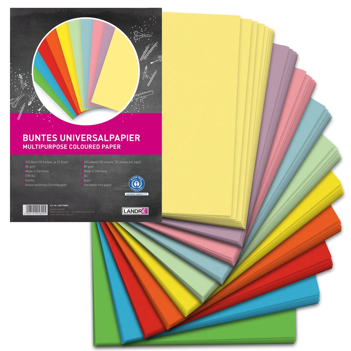 LANDRÉ - 250 fogli A4, carta universale colorata, 80 g/m², 10 colori