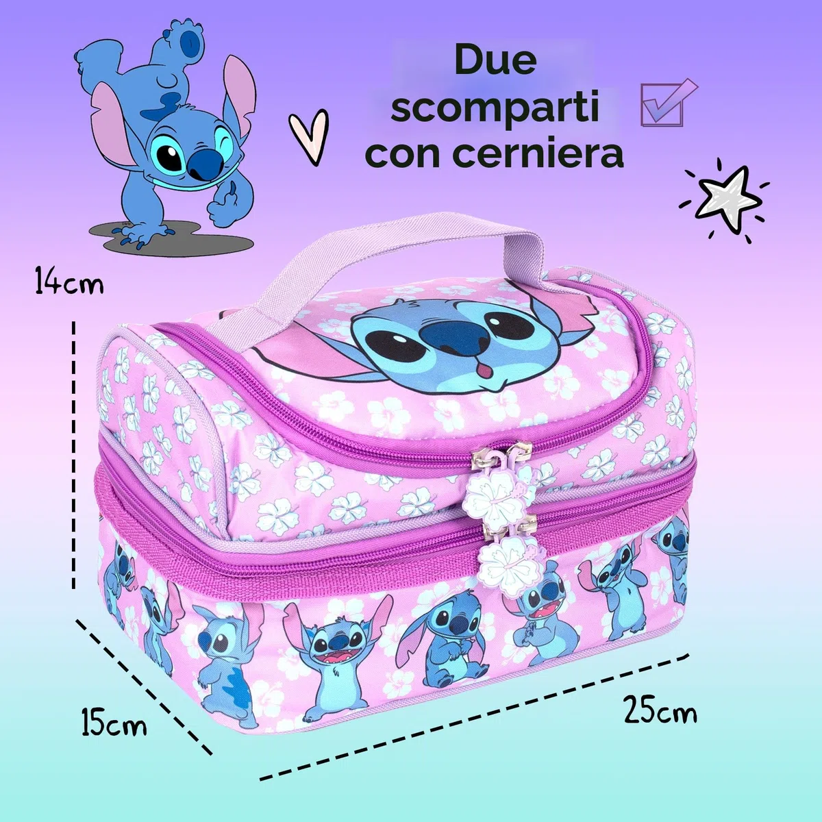 Borsa per il pranzo Disney Stitch a più scomparti per bambini, termica e isolata, doppia contenitore, per la scuola, per ragazze