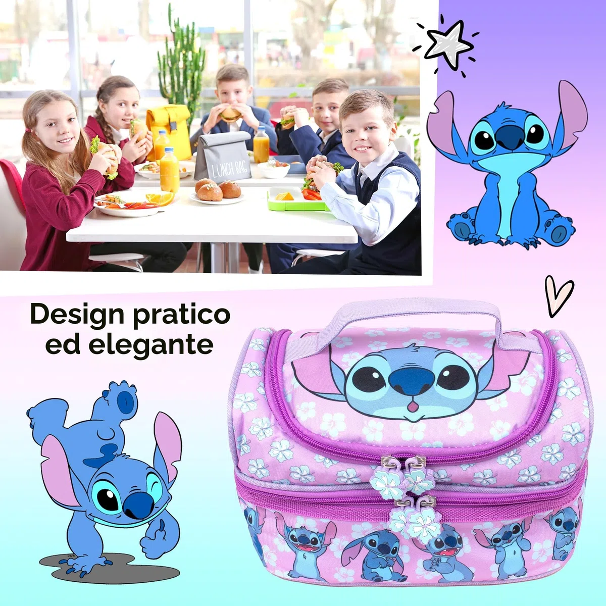 Borsa per il pranzo Disney Stitch a più scomparti per bambini, termica e isolata, doppia contenitore, per la scuola, per ragazze