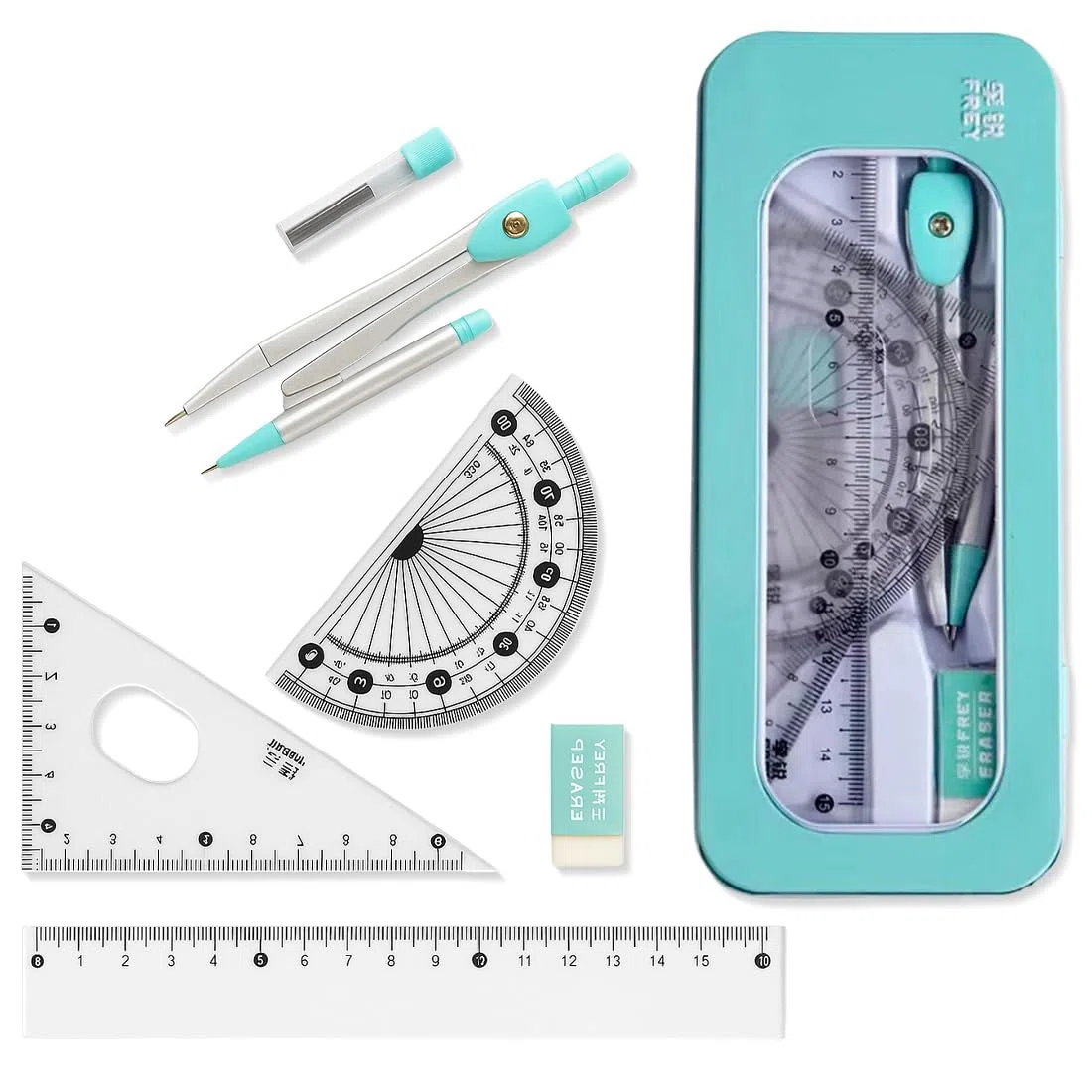 7 Pcs Set Geometria per Studenti, compasso scuola media, compasso scuola elementare, Compasso Goniometro Matematica con Righelli, Scatola di Kit Goniometro per Materiale Scolastico e Scolastico