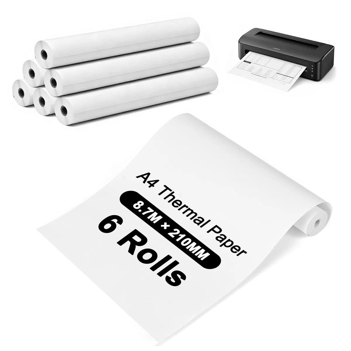 6 Rotoli Carta Termica A4 per Stampante Portatile, Carta Termica A4 Asciugatura Rapida, Carta per Stampante Termica, Senza BPA, per Documenti, Foto, Contratt, 21cm x 8.7m