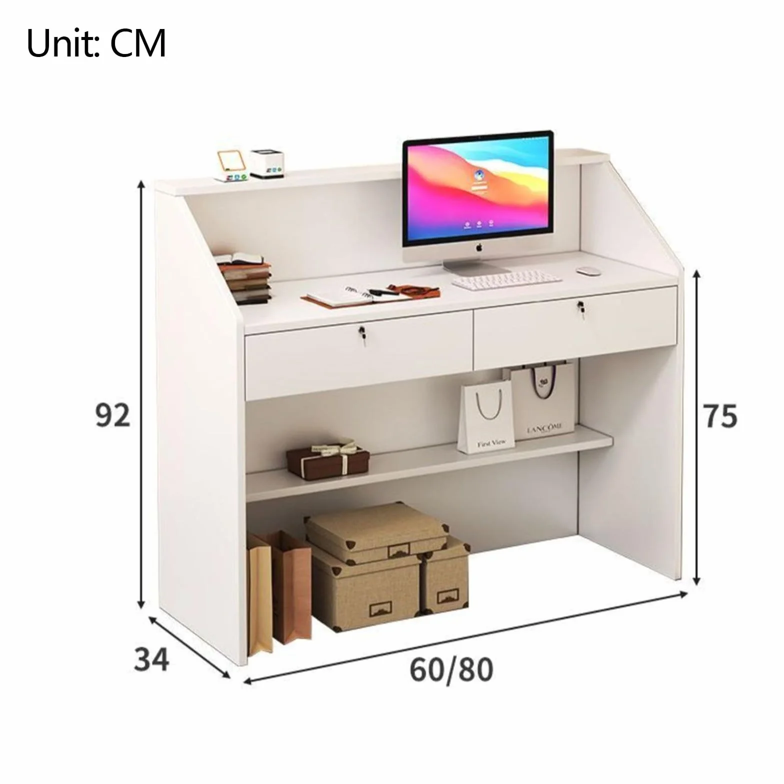 Bancone Reception Bianco con cassetti - Ideale per Salone di Bellezza o Cassa al Dettaglio - 60x34x92cm