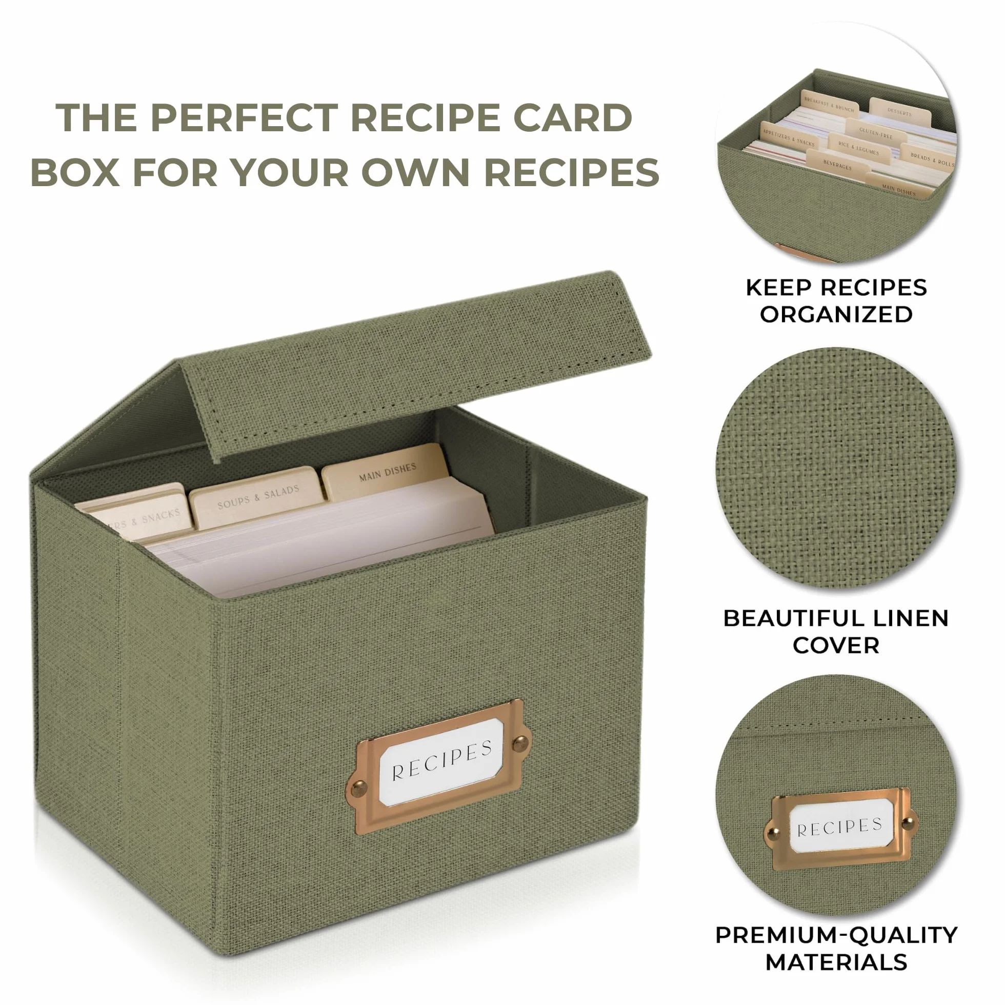 ZICOTO Bella scatola per ricette in lino, adatta a biglietti di ricette da 10,2 x 15,2 cm, per organizzare fino a 250 ricette, robusto porta carte e ottimo regalo per qualsiasi cucina, biglietti non