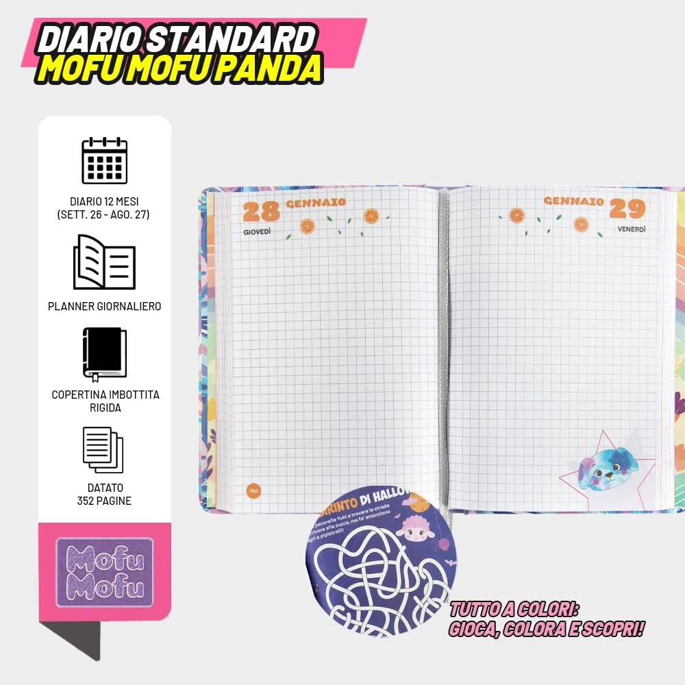 MOFU MOFU - Diario Scuola 2026-2027, Agenda 12 Mesi per Scuola Elementare e Media, Copertina Imbottita e 352 Pagine Colorate con Attività e Giochi, Ideale per Bambini e Bambine, 13x18.5 cm