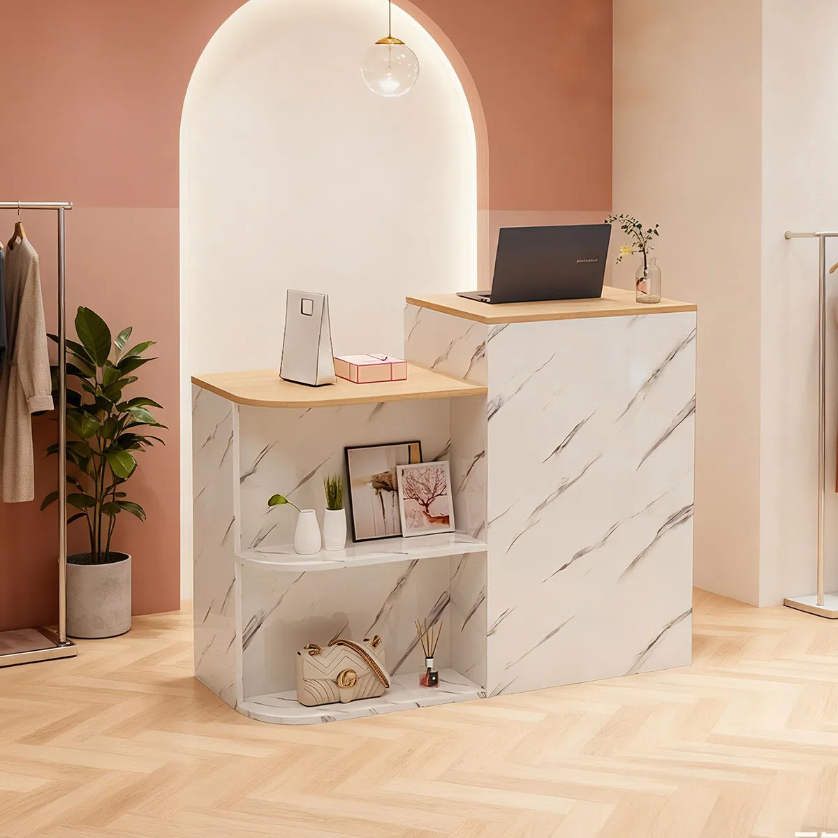 Banco Reception con Ripiano Aperto,Banco Reception Ufficio Bancone,per Hotel,Ufficio,Centro Estetico 80×45×95cm Mármol + Color claro