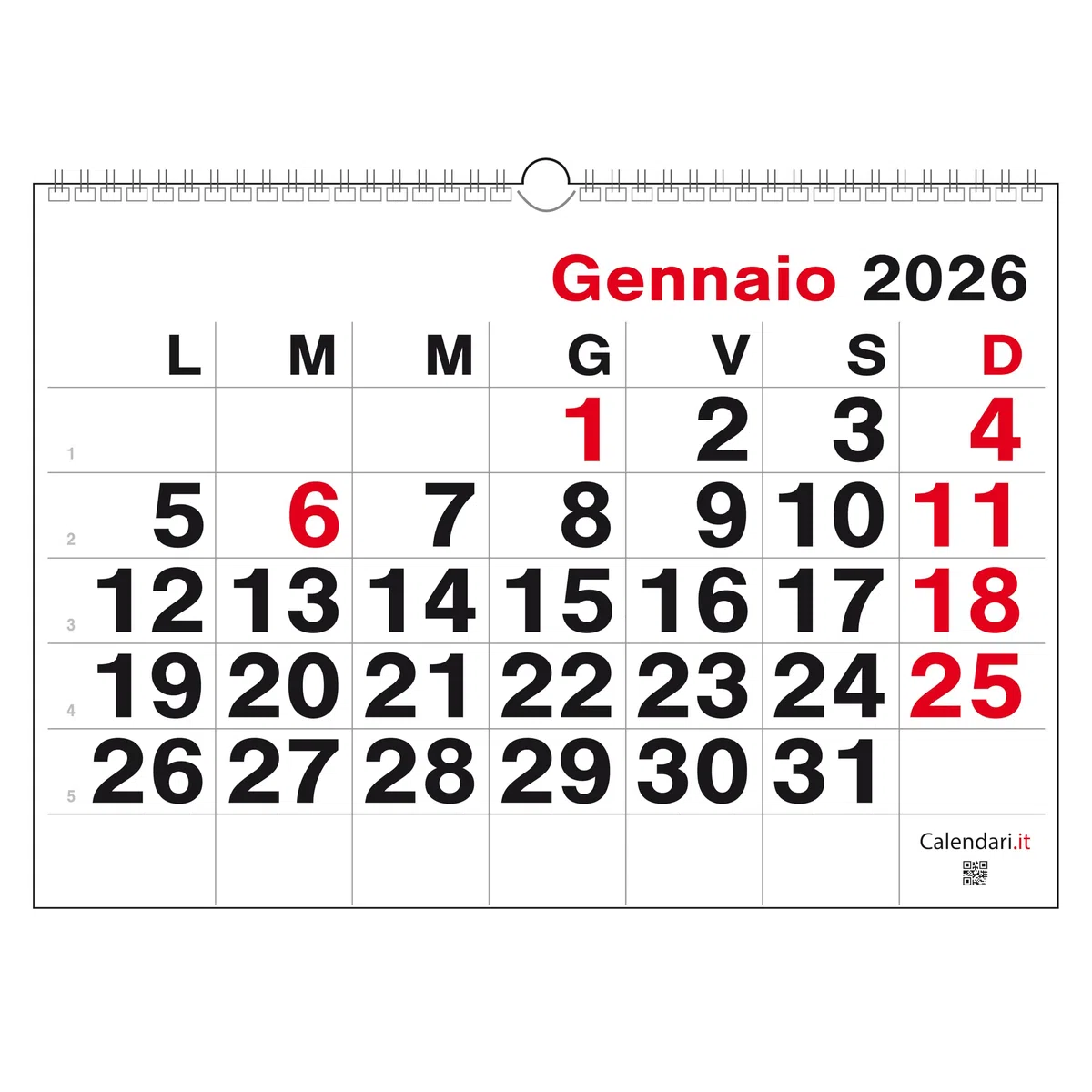 Calendario 2026 numeri grandi 12 mesi orizzontale da muro (A3-42X30 - CLASSICO)