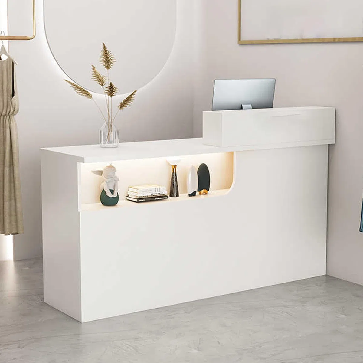 Banco Reception Moderno con cassetti e armadietti con Serratura per Reception di Centri estetici, Marrone, 80 cm