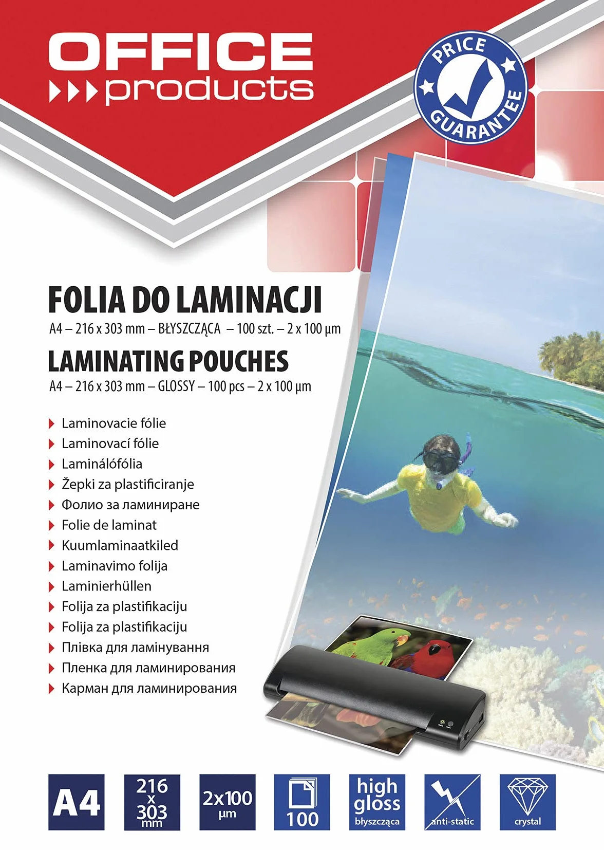 OFFICE PRODUCTS Fogli Plastificatrice A4 / 2 x 100 Micron/Confezione da 100 pezzi/Pouches per plastificazione per documenti/Finitura Lucida/Foglio di Laminazione