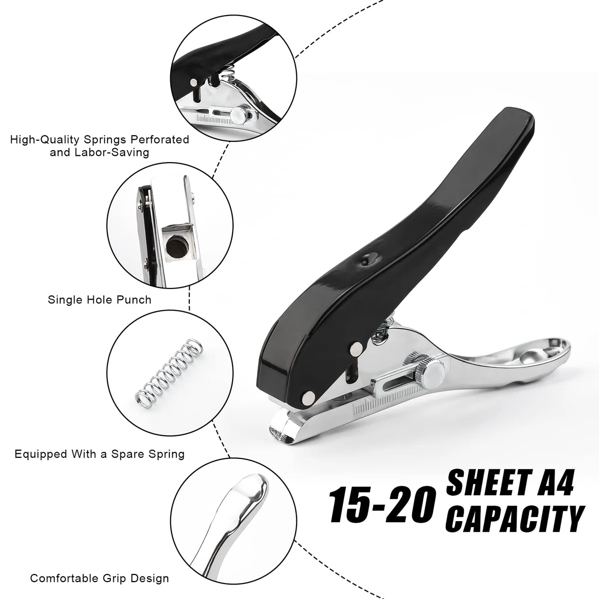 Perforatore di Carta 8mm Palmare Perforatore a Foro Singolo con Impugnatura Resistente Perforatrice Singola Portatile con Scala Regolabile per Artigianato Etichetta Biglietto Taccuino Carta(Nero)
