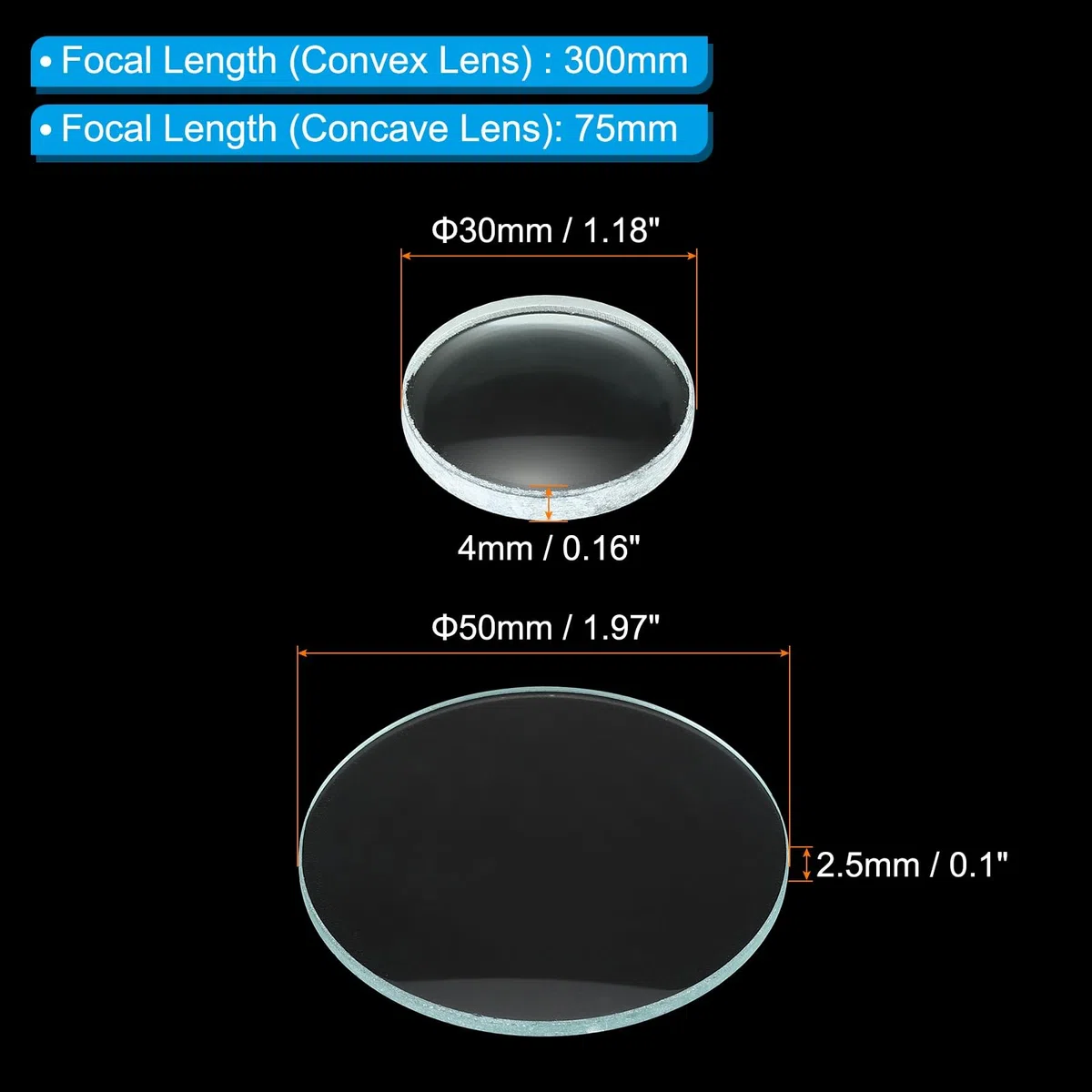 PATIKIL Lente doppia convessa, lunghezza focale 300-75 mm, diametro 50/30 mm (1,97/1,2 pollici), set di prova per telescopio di laboratorio fisico di classe, 4 pezzi