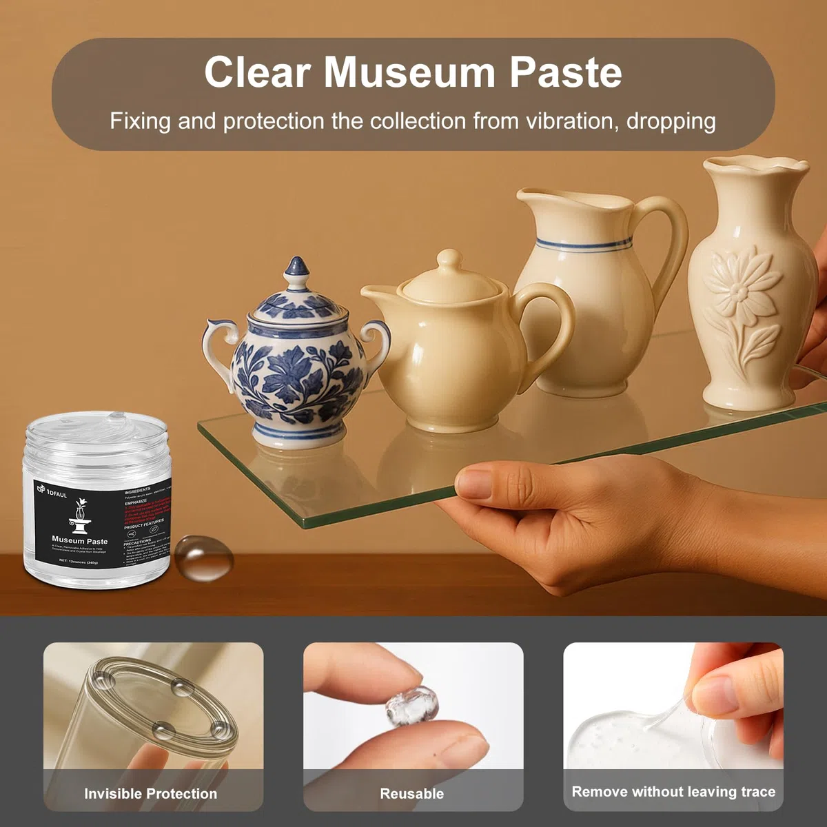 1DFAUL 12 oz gel trasparente museo, mastice da museo trasparente, rimovibile, riutilizzabile e senza residui, artefatti e decorazioni per prevenire vibrazioni e cadute