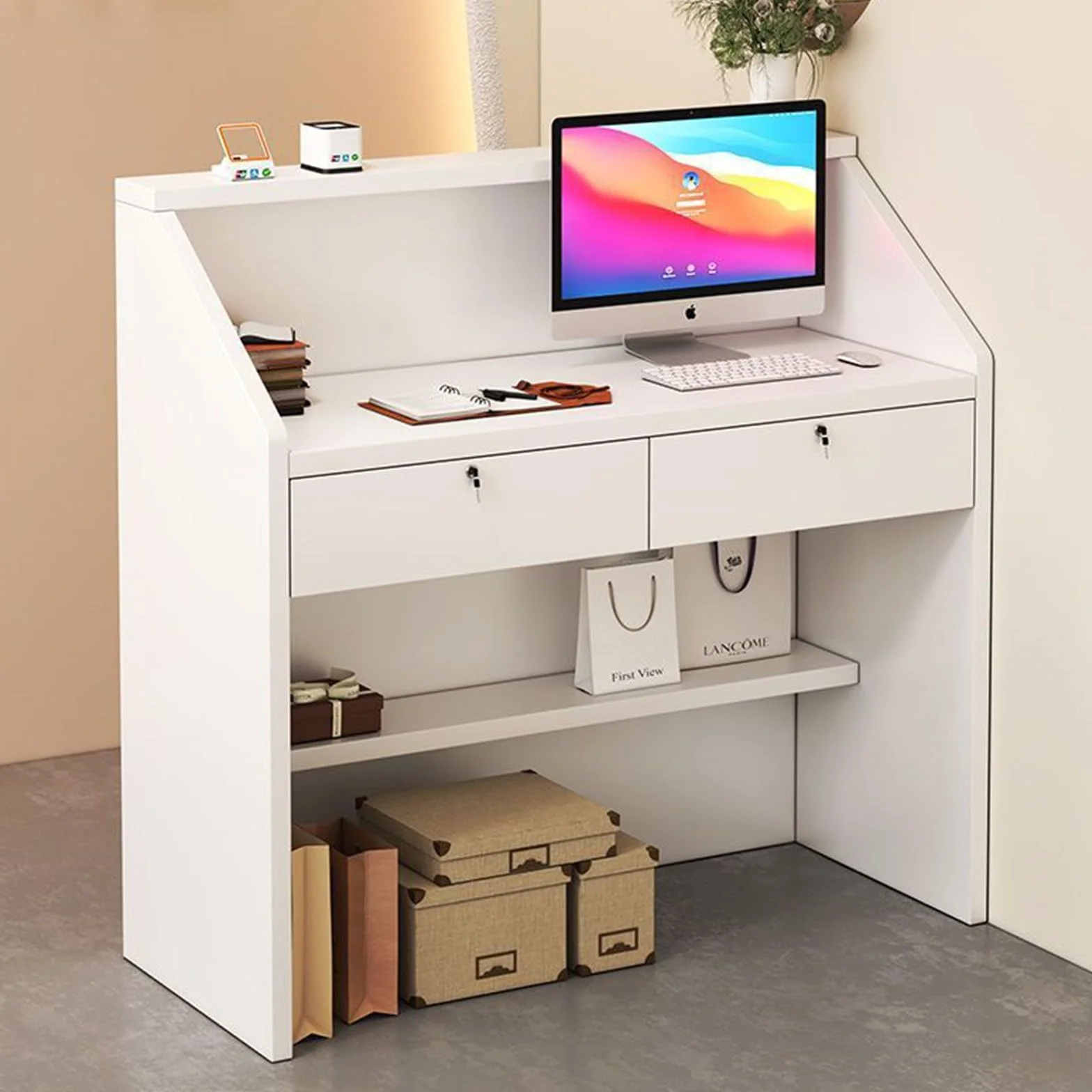 Bancone Reception Bianco con cassetti - Ideale per Salone di Bellezza o Cassa al Dettaglio - 60x34x92cm
