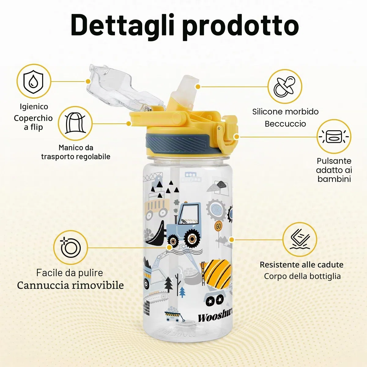 Borraccia Bambini con Cannuccia 480ml, Borraccia Bambino Bambina a Prova di Perdite con Maniglia Senza BPA, per Viaggi Sport Scolastici - Escavatore Giallo