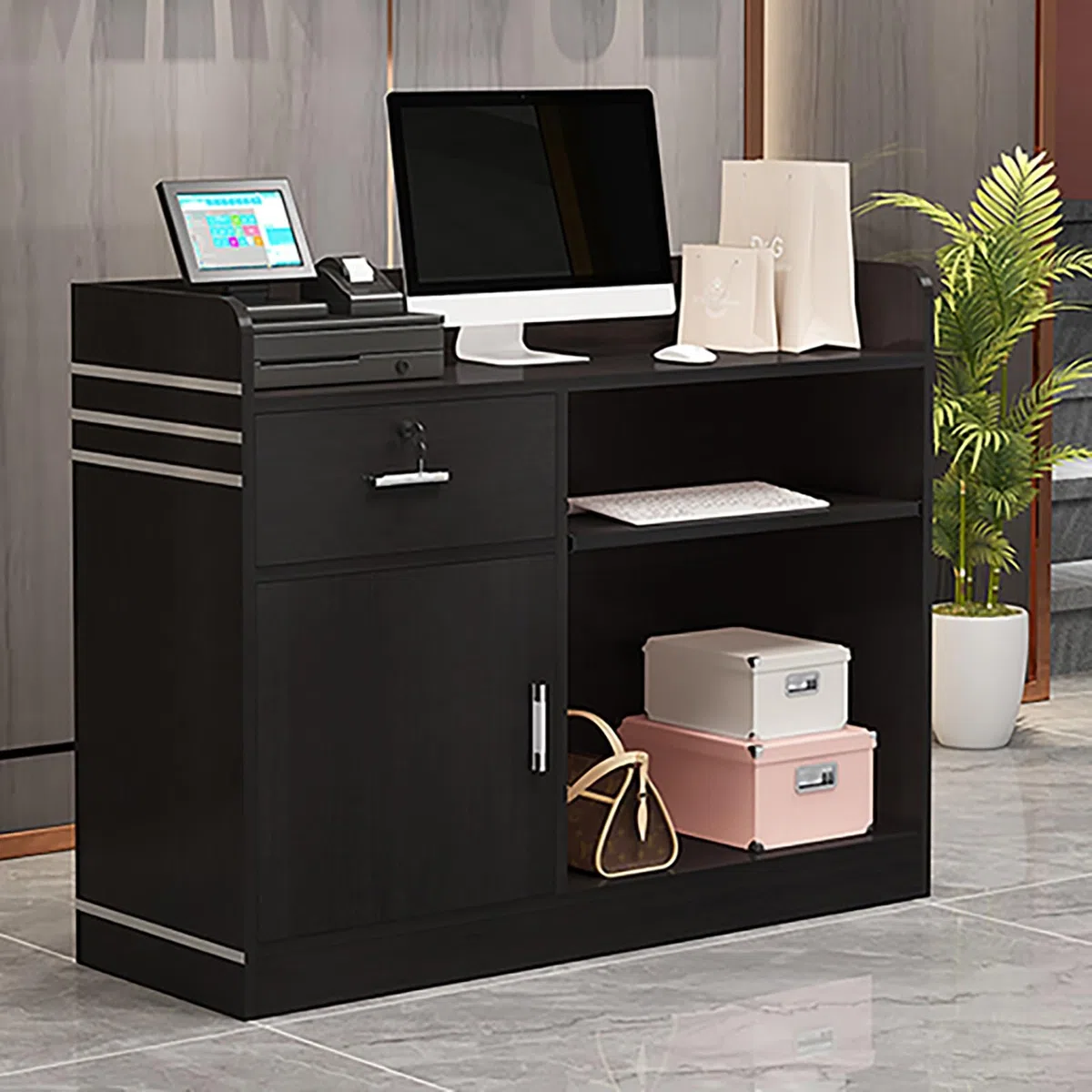Banco Reception Moderno con Ampio Spazio per la Cassa, Ideale per Hall, saloni, Negozi al Dettaglio, cliniche, uffici e Centri estetici.