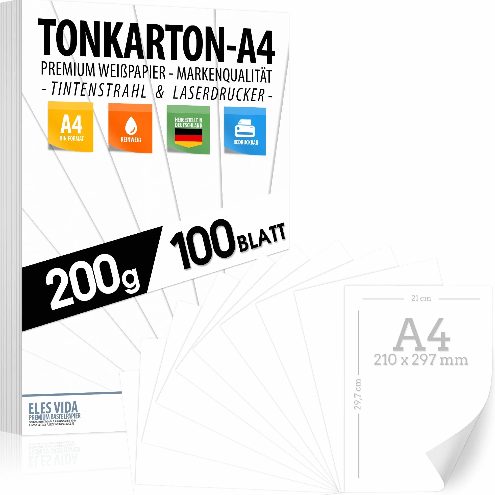 Carta fotografica opaca A4 DIN 200 g/m² – 100 fogli – carta premium bianca per stampante inkjet e laser, cartoline, lettere, presentazioni, artigianato, cartoncino, scrapbooking – Prodotto in Germania