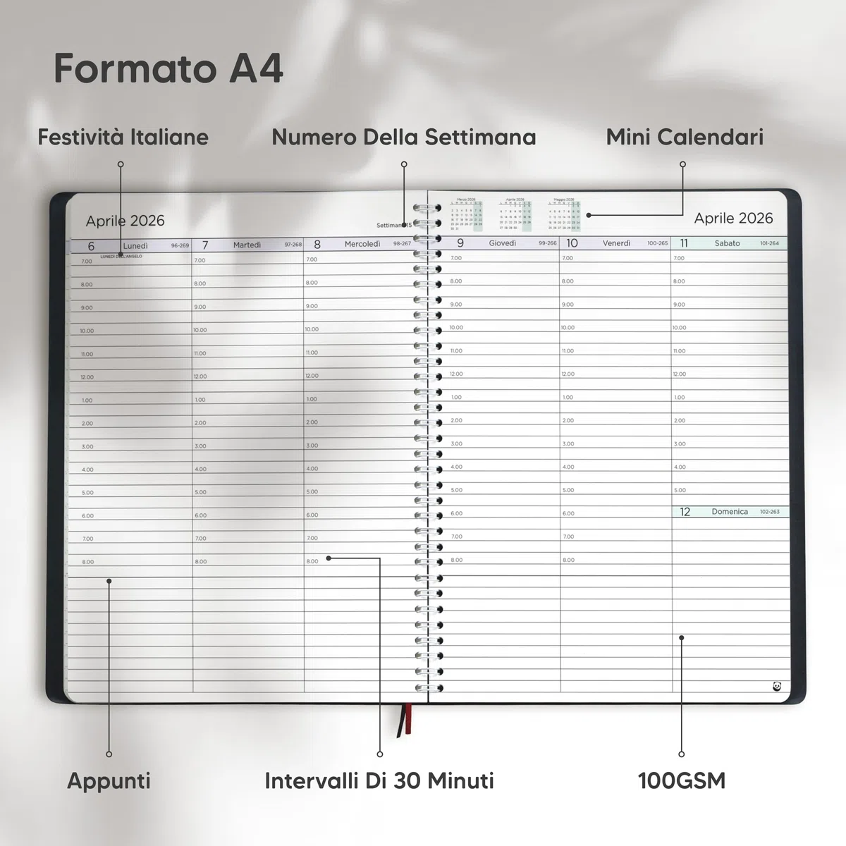 Diario 2026 di Smart Panda – Agenda 2026 Settimanale - Design Semplice per Stimolare la Produttività – Copertina Morbida, Intervalli di 30 Minuti – Calendario Annuale con Note – A4, in Italiano