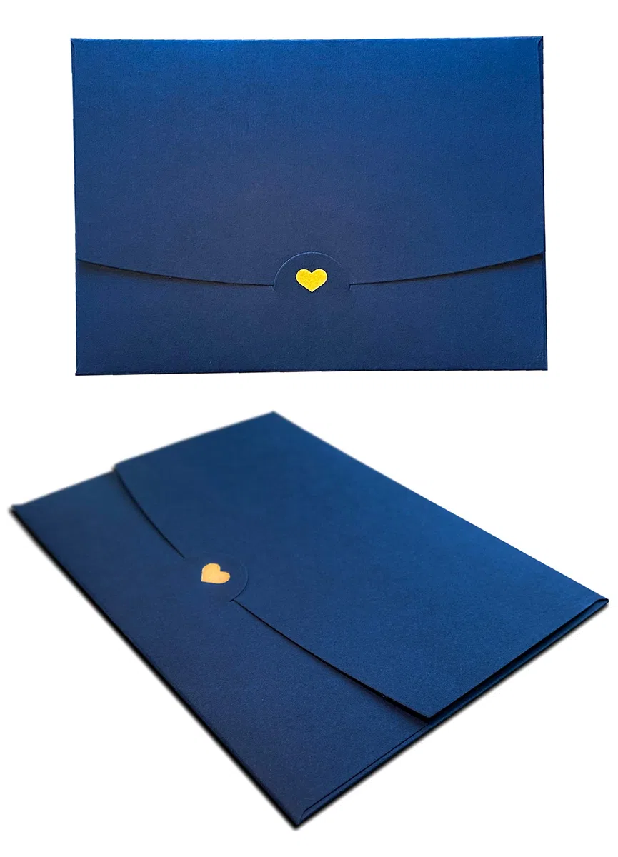 5 buste formato DIN A6, blu scuro con cuore dorato, senza finestra, 15,4 cm x 11 cm