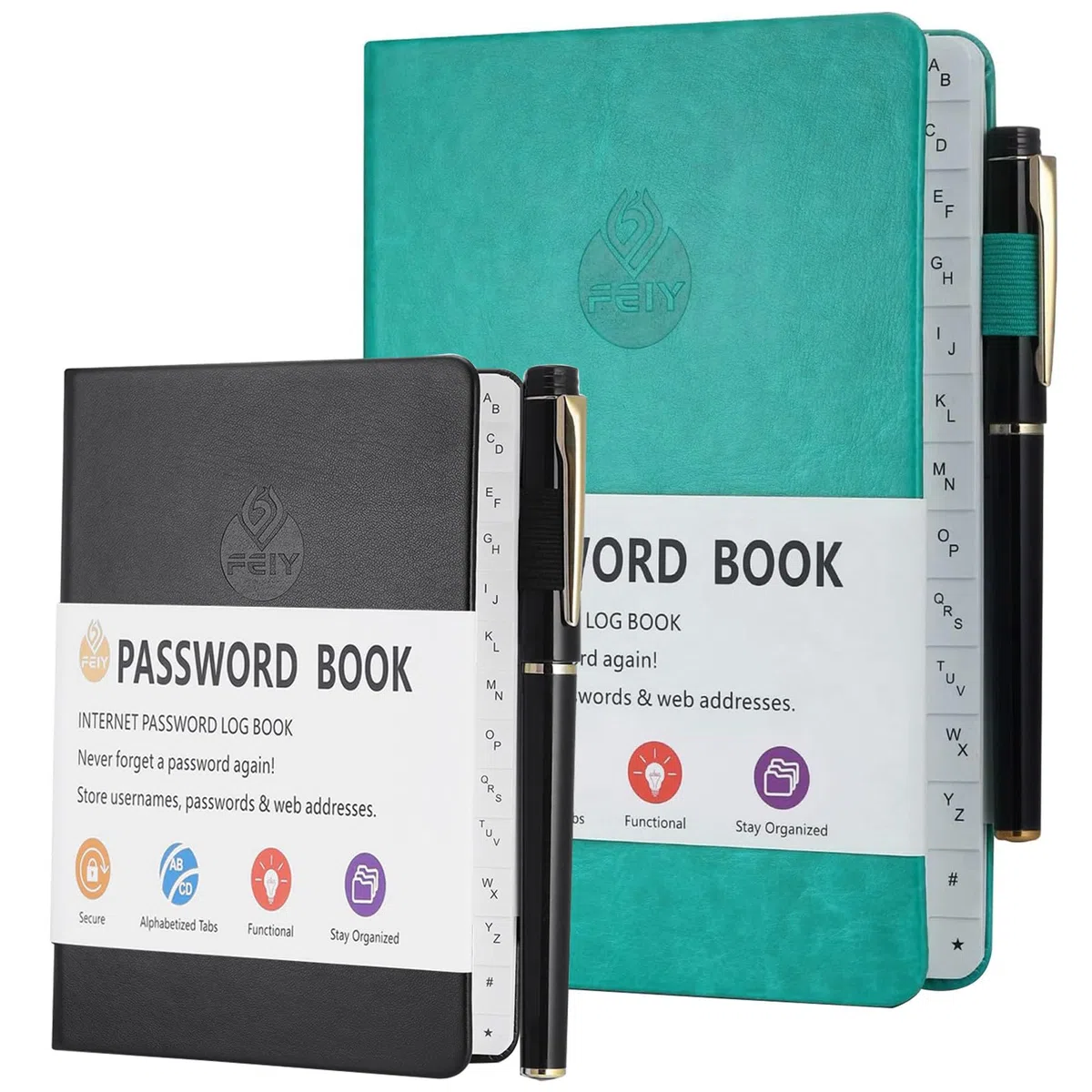 2 Pezzi Delle Password Book, Indice Dalla A Alla Z Rubrica Alfabetica Quadern con Penne Gel, Password Book con Linguette, per Accessi A Internet, Gestione Indirizzi, Nomi Utente (Nero, Verde)