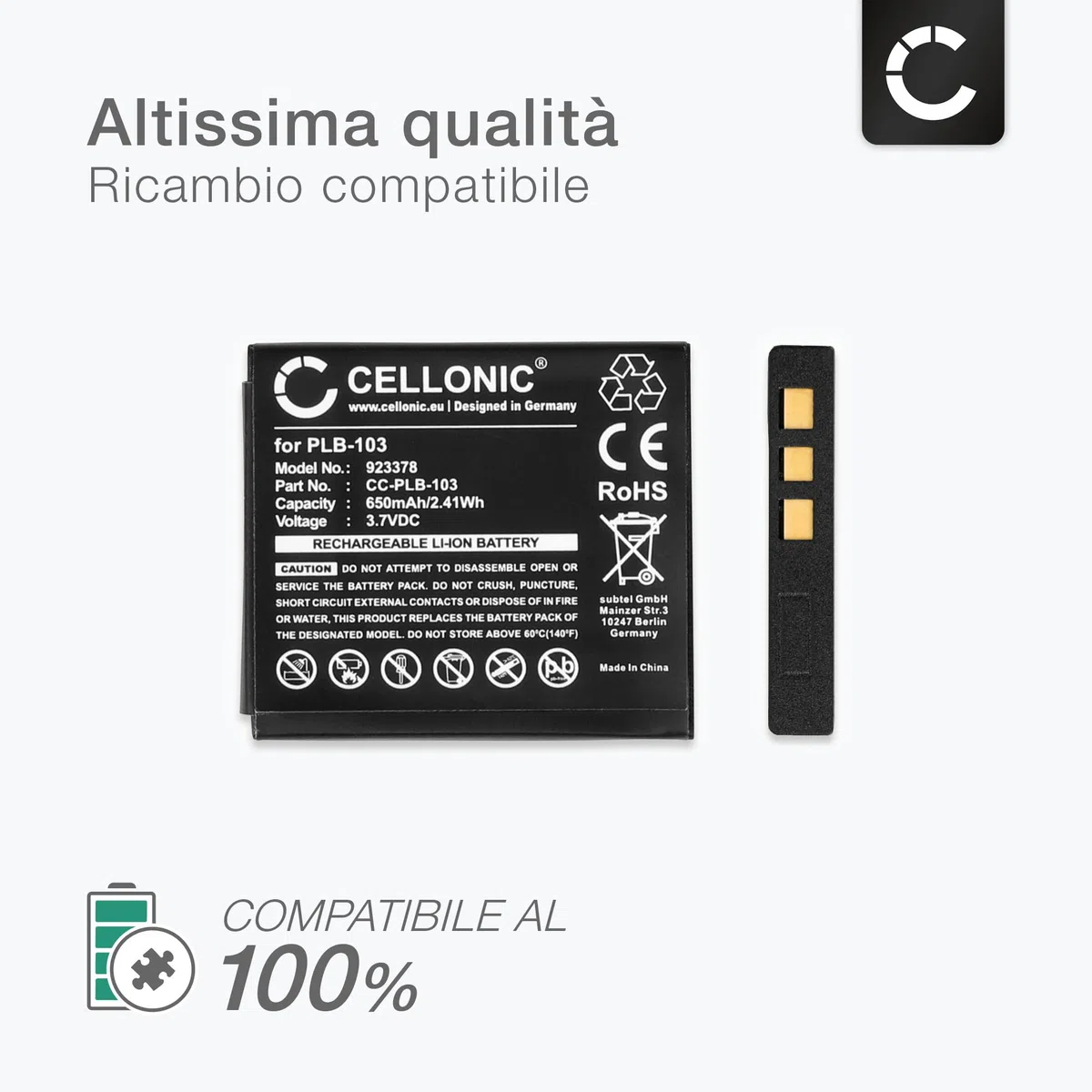 CELLONIC 1x Batteria per Headset/Auricolare/Cuffie Compatibile con Bang & Olufsen Beoplay H9, H9, Beoplay H8, PLB-103 – (650mAh, 3.7V)