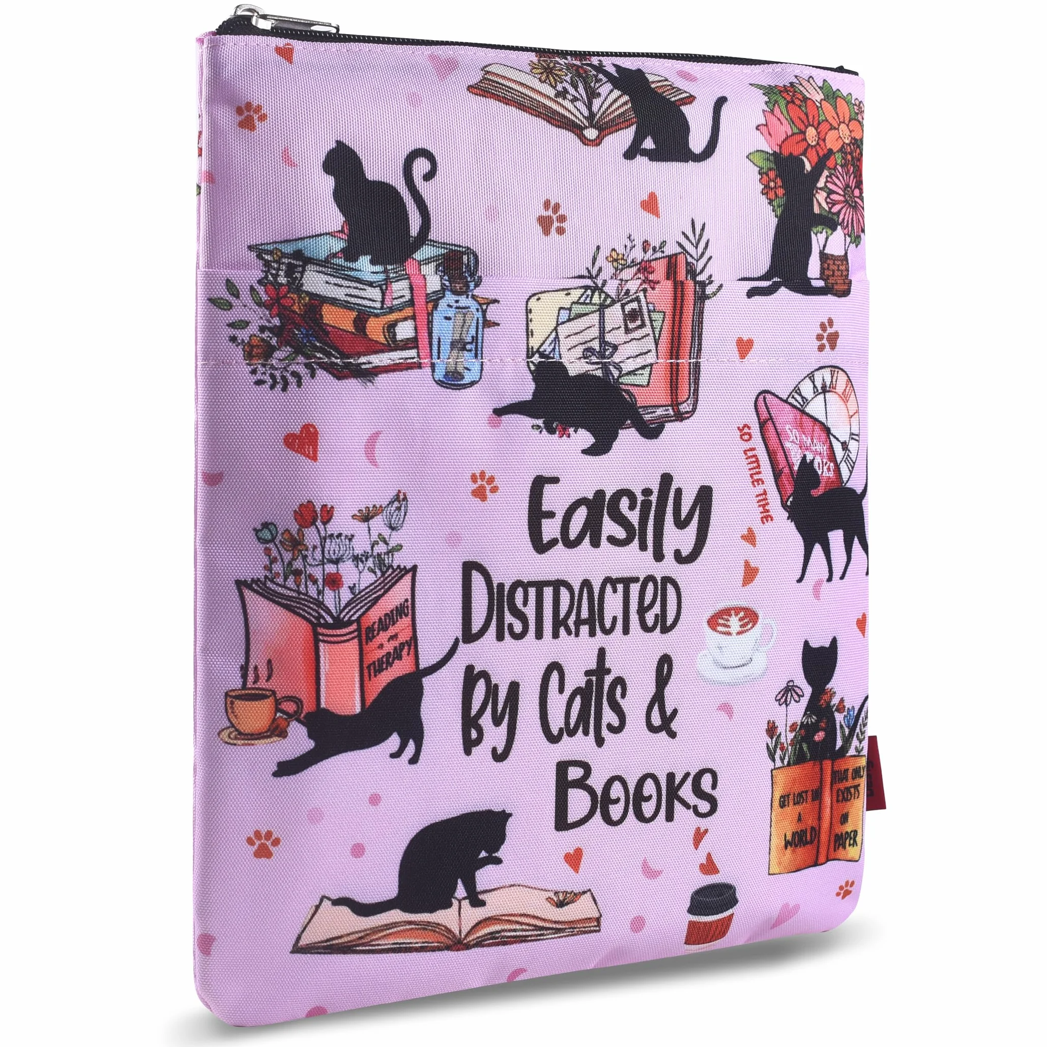 Custodia protettiva per libri con cerniera, dimensioni: 28 x 21,9 cm, in tessuto lavabile, motivo Easily Distracted by Cats and Books